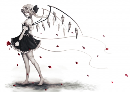 Red Petals - hat, anime, flandre scarlet, dress, flower, petals, red eyes, short hair, vampire, touhou, wings, rose