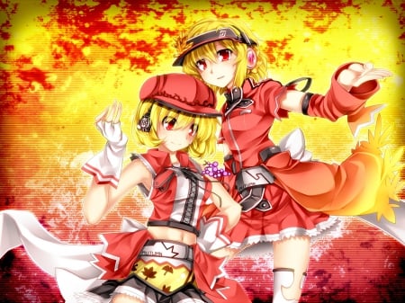 Autumn Girls - hat, aki minoriko, aki shizuha, gloves, red eyes, touhou, headphones, anime, friends, sisters, blonde