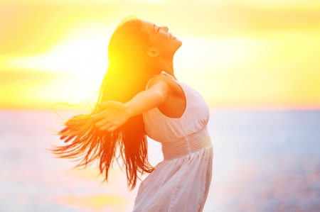 Greeting the Sun - woman, beach, serene, female, girl, photography, wallpaper, summer, lovely, yellow, beautiful