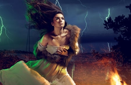 Fire and Lightening - wallpaper, digital, artistic, beautiful, girl, art, figure, fantasy, storm, nice, photography, female, woman