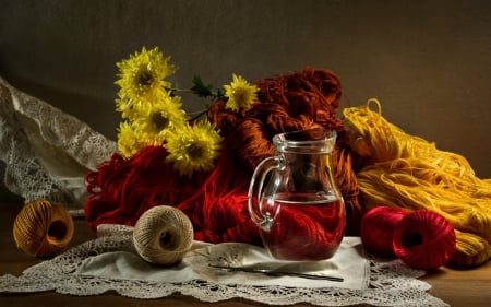 Still life - flowers, glass, still life, yarn