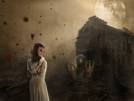 Haunted house - women, clouds, wind, full moon, castle, sky, leaves