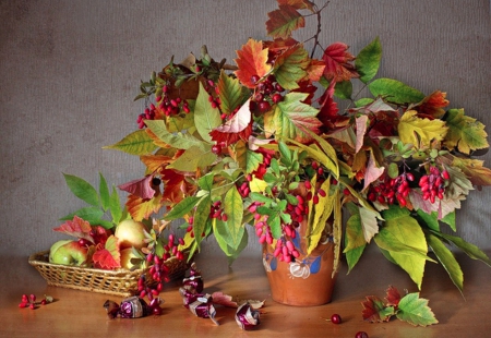 Autumn  still life - abstract, Autumn, yellowed, withered, sprigs, still life, leaves, apples, season, autumn, green, fruit, candy, other