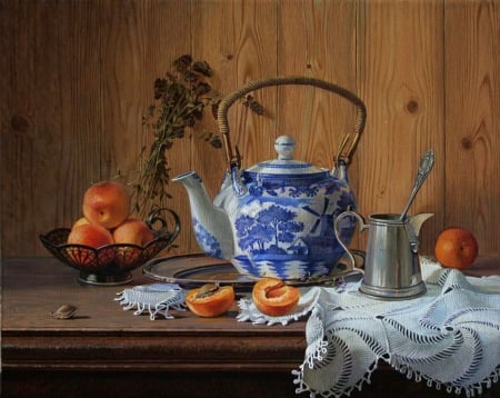 Still Life - fruit, tableware, tea, peaches, jug