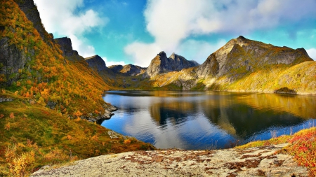 Mountain lake - rocks, clear, beautiful, amazing, m, nature, mountain, autumn, fall, waters, hills, serenity, season, lake, sky, peaks, nice, lovely, calm