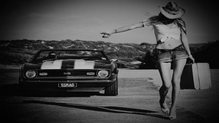 Hitching A Ride - women, cowgirl, cars, shorts, sexy, chevy, camaro