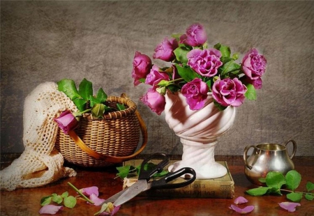 Roses - beauty, fresh, freshness, roses, scissors, smell, basket, book, still life, nature, purple, pink, petals, colors, flowers, natural