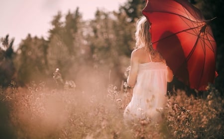 Sunny Day - woman, girl, photography, field, nature, red, umbrella, beautiful, mood