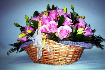 Basket with roses - roses, lilies, pink, arranged, flowers, fresh, beautiful, beauty, colors, still life, smell, harmony, basket, wonderful, nature, soft, gift