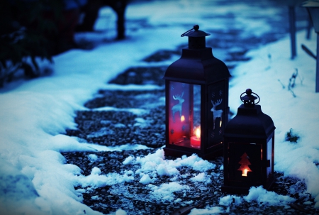 *Winter Holidays* - photography, pattern, path, lanterns, lantern, mood, tree, flashlight, candle, background, way, light, winter, snowflakes, christmas, holidays, beautiful, snow, photo