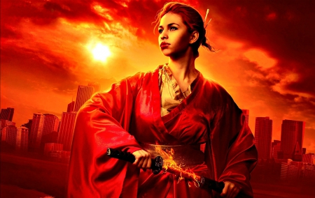 Samurai girl - red, sword, fantasy, yellow, girl, woman, samurai