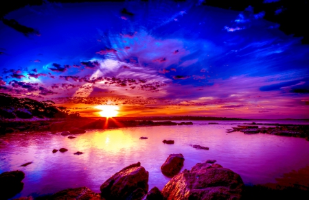 COASTAL SUNRISE - nature, sky, sun, water, stones, sunrise, coast