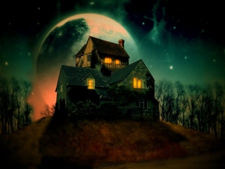 Bewitching Moon - house, moon, Autumn, trees, Fall, halloween, haunted, full moon