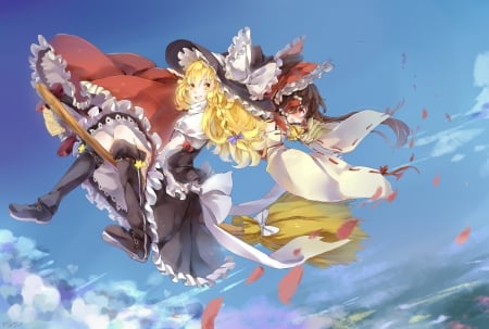 I've Got You - bows, sky, hat, brown hair, touhou, dresses, clouds, petals, anime, yellow eyes, boots, hakurei reimu, witch, flying, broom, friends, blonde, kirisame marisa