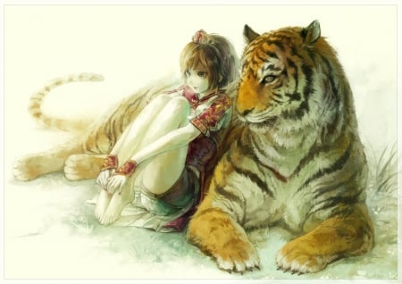 ~Queen Tigress~ - short hair, anime, red fingernails, girl, crown, barefoot, brown hair, tiger