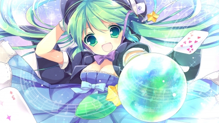 Hatsune Miku - green eyes, vocaloid, anime, cards, dress, long hair, bow, hat, gloves, green hair, music, ribbons, hatsune miku