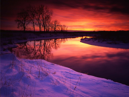 Wintery Landscape - winter, sunset, landscape, snow, lake