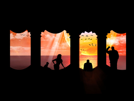 Colourful Sunset - people, silhouette, windows, sunset, ocean