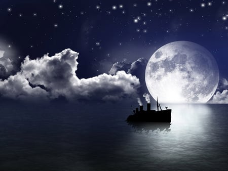 Sailing in the night - clouds, sailing, night, ocean, stars, full moon, moonlight