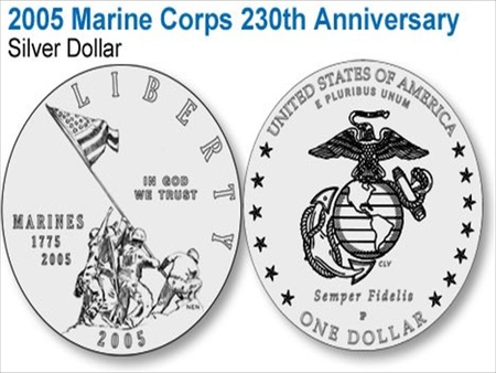 2005 Marine Corp 230th Anniversary Silver Dollar  - 230th anniversary silver dollar, 2005 marine corp