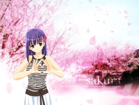 Sakura - house, girl, cute, sky