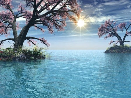 Blue Sunny Day - trees, water, sun