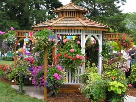 Flowering Gazebo - flowers, trees, hanging baskets, garden, gazebo