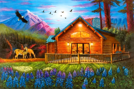 Cozy cabin - greetings, cottage, animals, meadow, art, digital art, lupin, grass, garden, xmas and new year, landscape, mountain, light, nature, holidays, eagle, snow, beautiful, seasons, cabin, drawings, nice, sky, freshness, peaceful, flying birds, mountains, creative pre-made, painting, pretty, deers, architecture, house, paintings, tree, landscapes, magnificent, winter, summer, lovely, village, love four seasons, cozy, scenery, flowers, lovely flowers