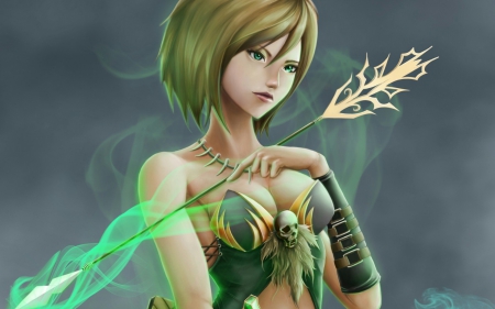 Fantasy girl - fantasy, magic, arrow, game, girl, woman, skull, green