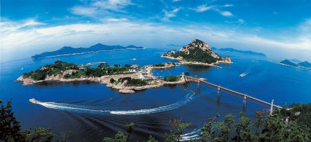 KOREAN ISLANDS - islands, boats, hills, water, panorama, landscape, bridge, bay