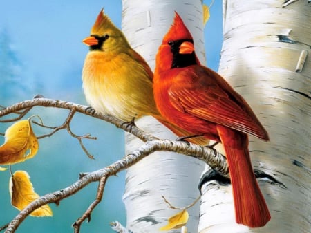 Cardinals and birch-detail - winter, beautiful, lovely, sweet, leaves, tree, cardinals, colorful, birch, painting, cute, friends, nice, art, sky