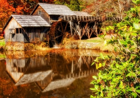 Autumn Mabry mill - autumn, trees, foliage, quiet, reflection, calmness, mabry mill, pond, lake, falling, shore, mill, serenity, bushes, nature, glow, forest, afll, leaves