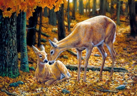 Autumn innocence - nice, carpet, autumn, trees, foliage, painting, fall, art, family, innocence, falling, mother, child, deer, lovely, woods, forest, beautiful, leaves, roe