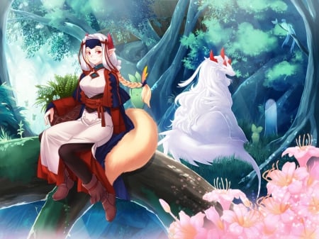 Two sides - nice, beauty, trees, magic, anime girl, fantasy, red eyes, spirit, hazuki gean, cool, anime, bots, pantyho, pink flowers, cute, headband, braids, long hair, two sides, bird, horns, forest, fox tail, beautiful, animal, flowers, dress, blonde, lights, flower