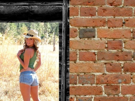 Cowgirl - women, pretty, trees, female, beautiful, hot, hats, fashion, western, girls, doors, cowgirl, style, fantasy, cutoffs, walls