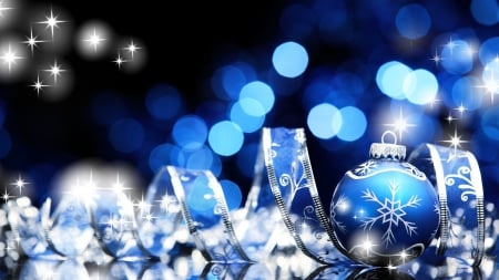 Blue Side of Christmas - celebrate, stars, xmas, shine, christmas, decorations, blue, holiday, ribbon, sparkles, feliz navidad