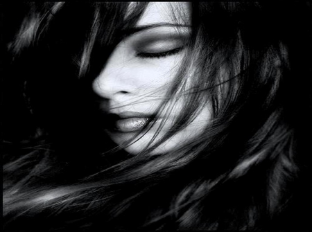 black and white - lady, hair, beautiful, sleepy