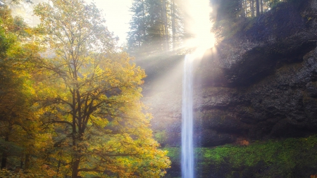 magical silver falls state park oregon - sun rays, waterfall, fog, autumn, cliff, forest