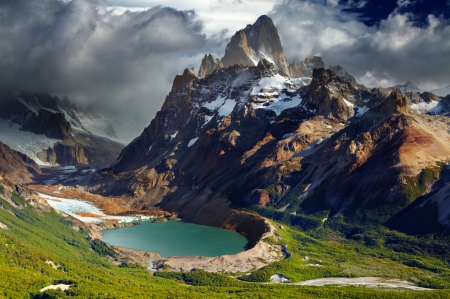 Majestic mountain - nice, slope, valley, sky, rocks, view, mountainscape, clouds, grass, cliffs, lake, mountain, majestic, lovely, peak, cloudy, beautiful