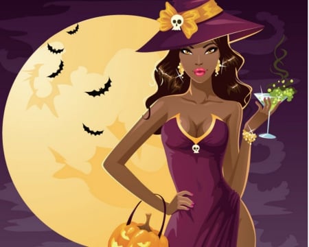 Halloween night - moon, bats, woman, halloween, vector