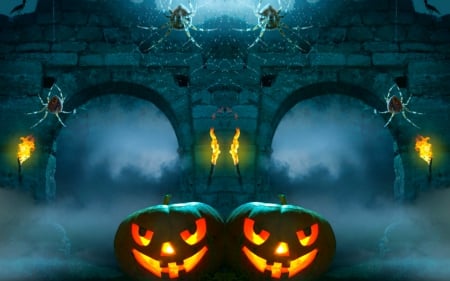 Halloween night - gate, halloween, night, pumpkin