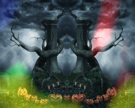 Strange tree - candle, halloween, tree, night, pumpkin