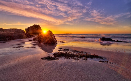 Sandy shores - summer, beach, reflection, shore, nice, sky, clouds, water, beautiful, sea, morning, lovely, ocean, glow, sunset, rays, sands, rocks