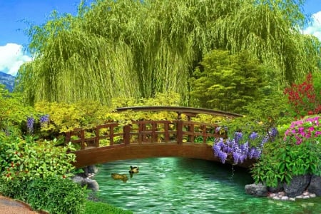 Paradise corner - stream, willow, flowers, corner, shore, plants, lake, paradise, nice, place, emerald, greenery, branches, trees, water, beautiful, pond, lovely, nature, bridge