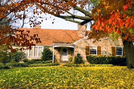 Fall house - pretty, calm, quiet, grass, home, leaves, countryside, red, yard, nice, place, cottage, falling, house, branches, carpet, beautiful, lovely, tree, fall, colorful, autumn, serenity, foliage