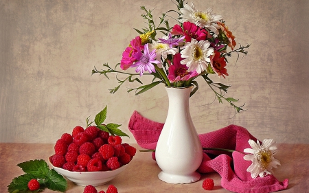 Still Life - still, strawberry, flowers, life