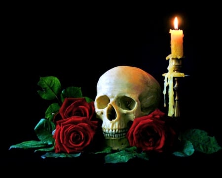 Halloween table - roses, red, candle, flame, skull