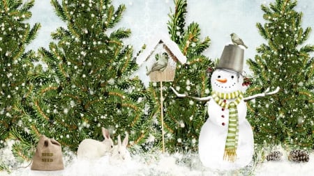 Winter in the Woods - bird, snowmen, winter, rabbits, snow, holidays, forest, bird house, sowman, Xmas, bird seed, bunnies, Christmas, woods