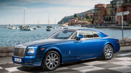 rolls royce phantom at the seaside - boats, town, car, blue, sea