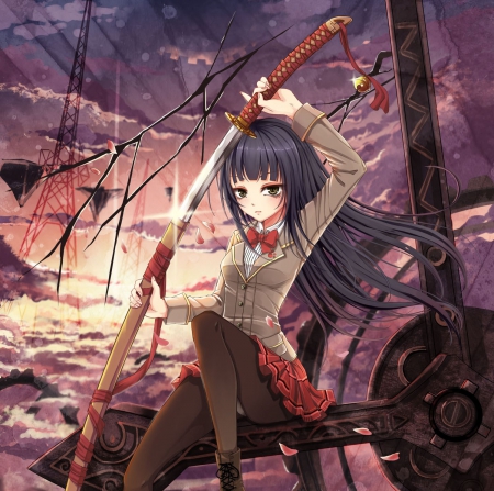 Katana - anime, female, scenery, scene, light, long hair, emotional, katana, ribbon, weapon, sky, anime girl, ray, serious, girl, sword, scenic, blade, sinister, black hair, cloud